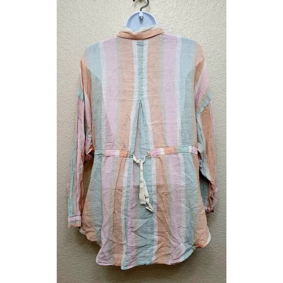 Free People Pink Orange White Striped Button Up Top Medium Linen Blend Flowy - Picture 4 of 6